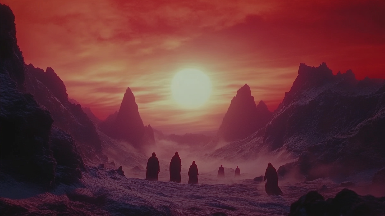 Retro movie scene: wizards walking in mystical fantasy world.