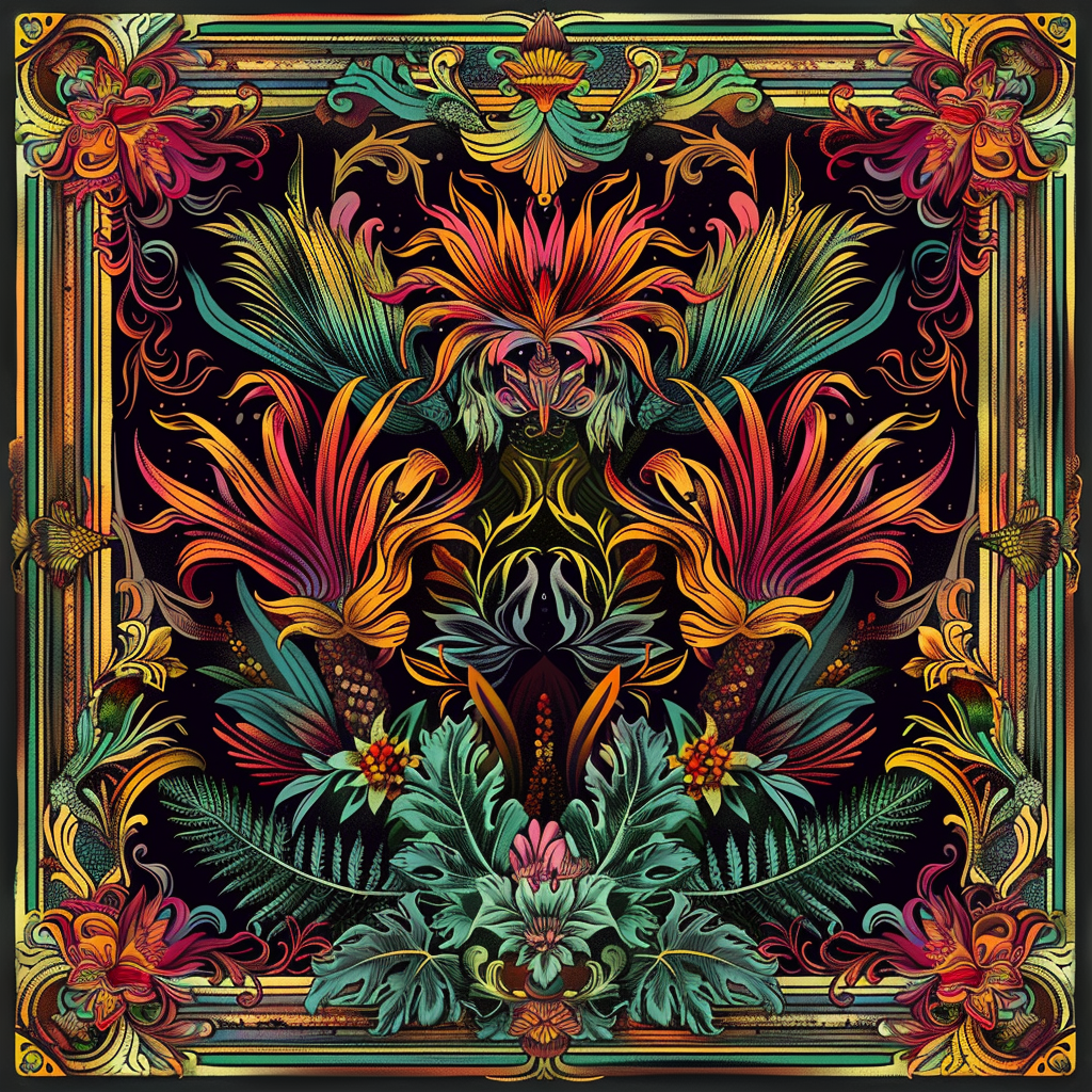 Retro psychedelic foliage illustration with ornate frame