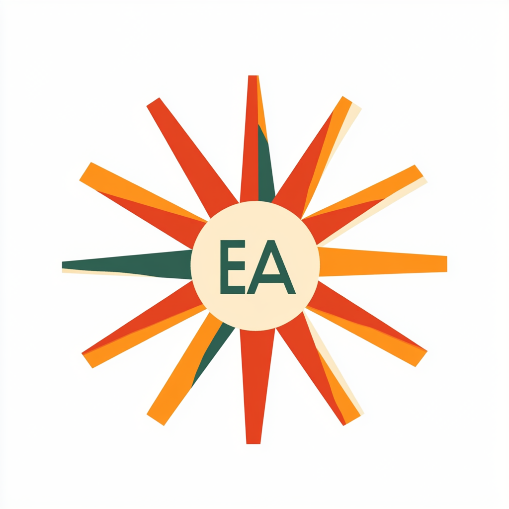 Retro sun logo with 'EA' letters, geometric rays. Casual, warm, nature feel.