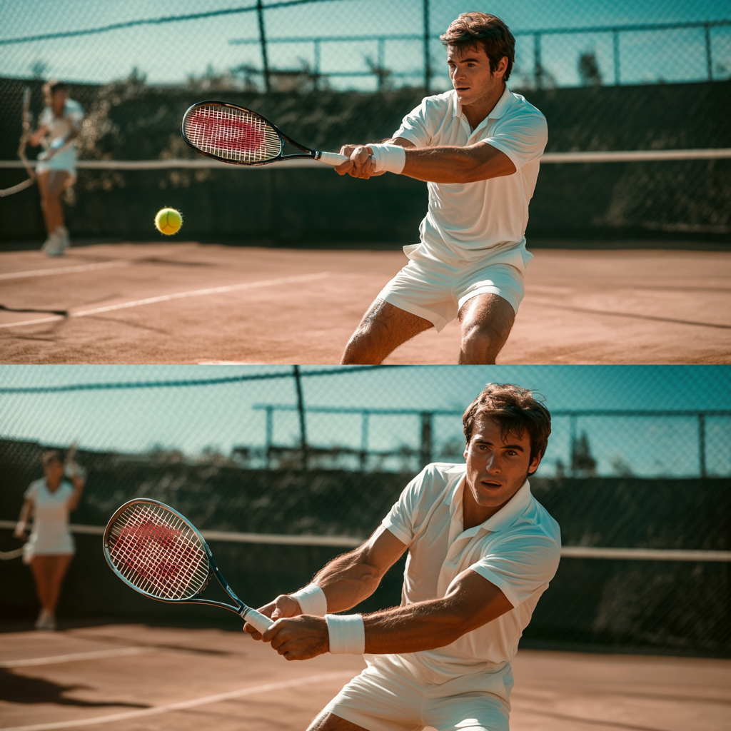 Retro tennis scenes with attractive model players in action.