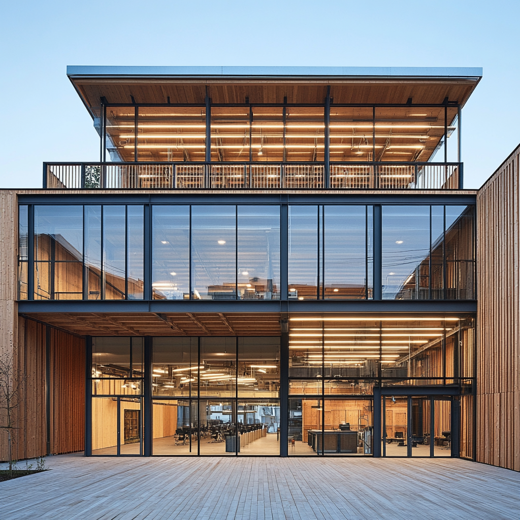 Reused Industrial Machine Company Office with Wood and Glass Facade