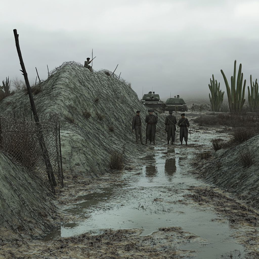 Revolutionary Mexican desert scene with war remnants.