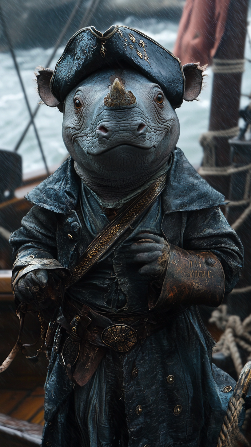 Rhinoceros dressed as sealion on stormy pirate ship.