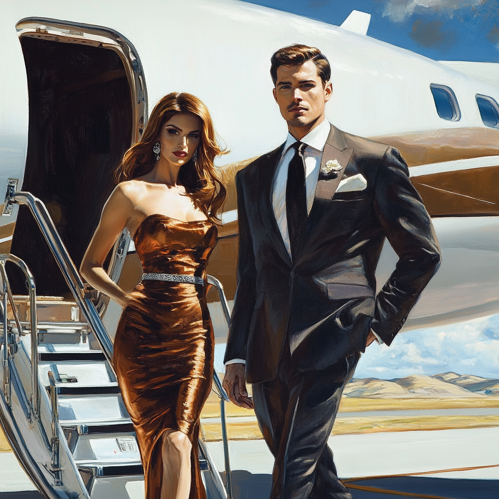 Rich couple exiting private jet, dressed fancy