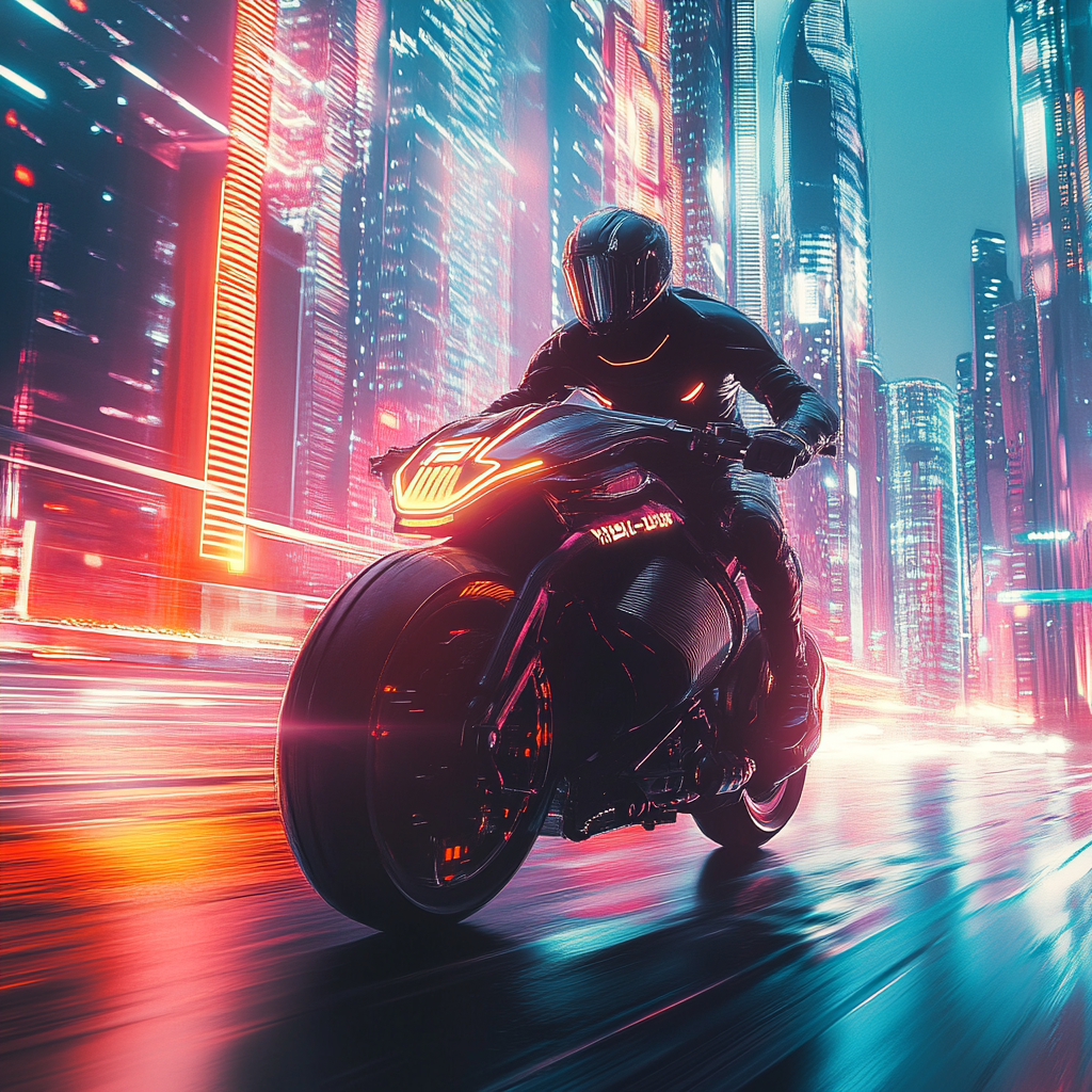 Rider on futuristic motorcycle in neon-lit cityscape