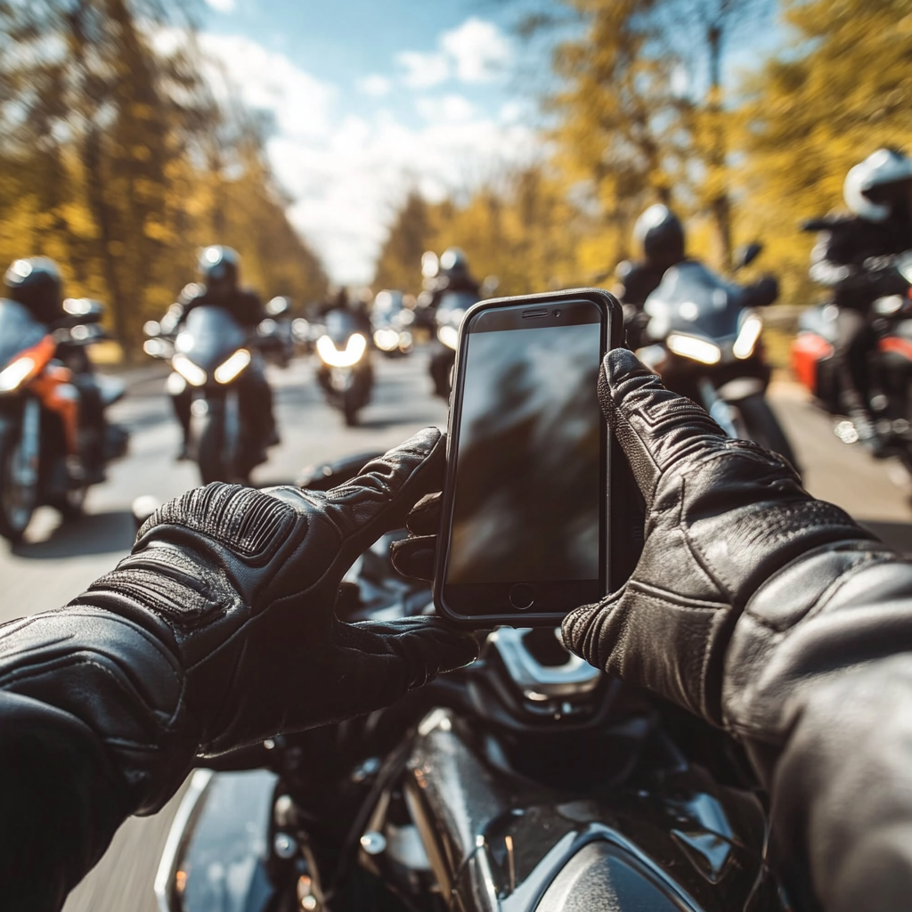 Riders in gloves on motorcycles on sunny street.