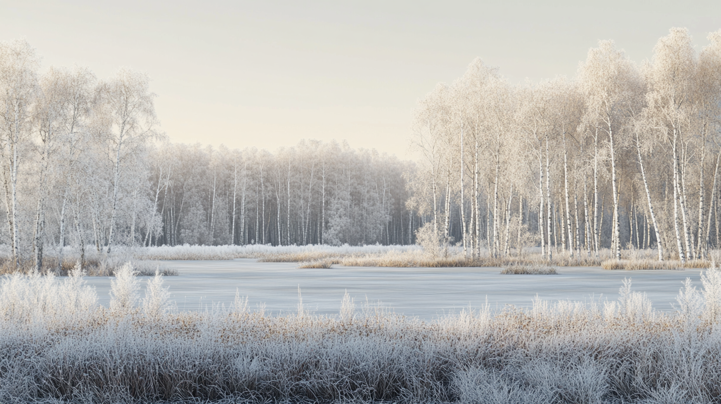 Rime-covered birches in frozen marshland at dawn.