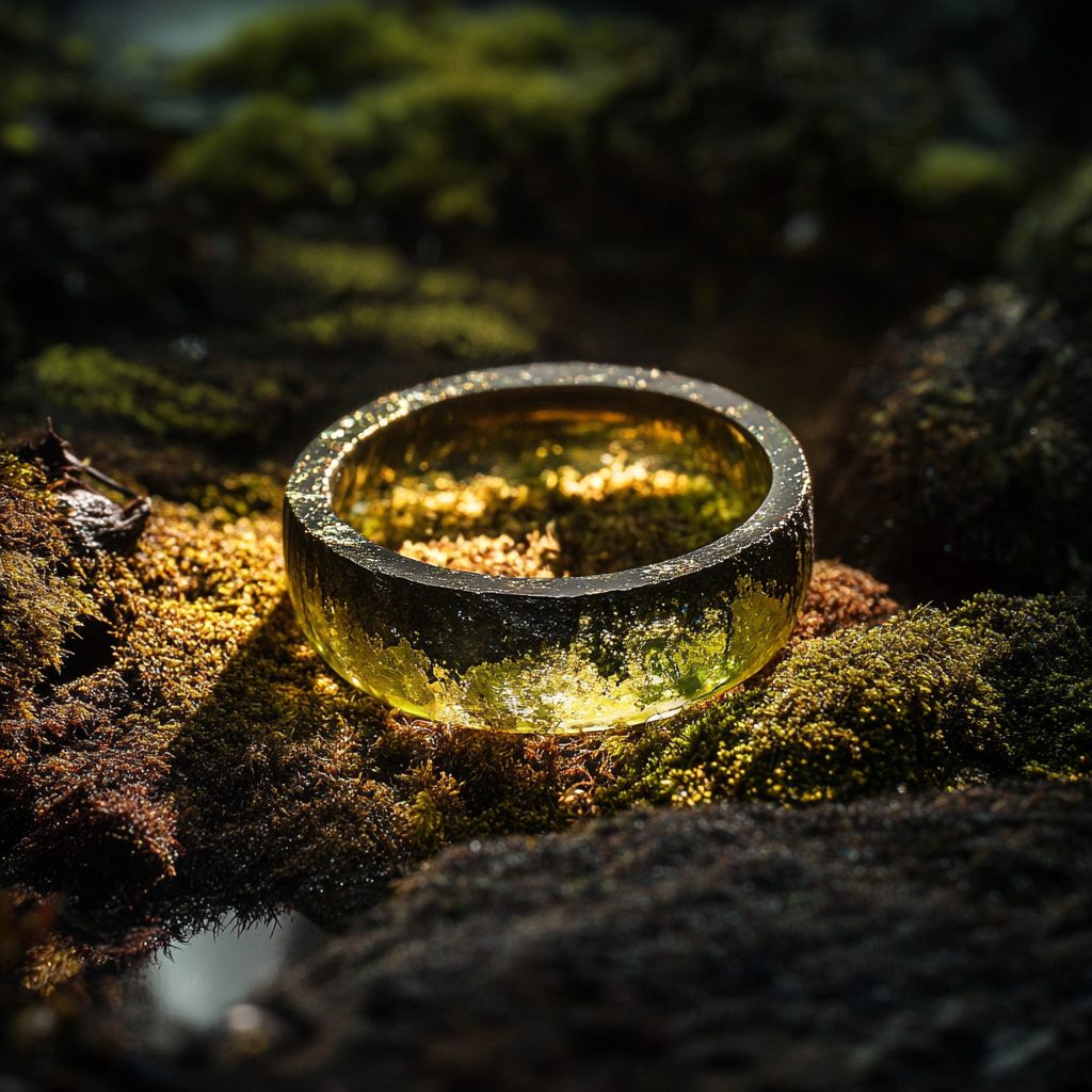 Ring on moss with studio spotlights, top view.