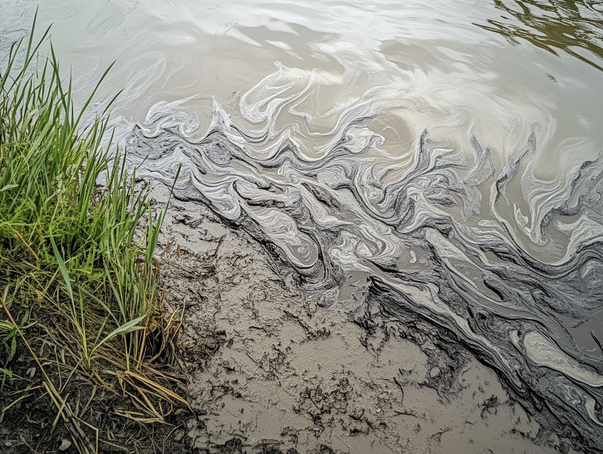 River bank with calm water, grasses, shrubs and mud.