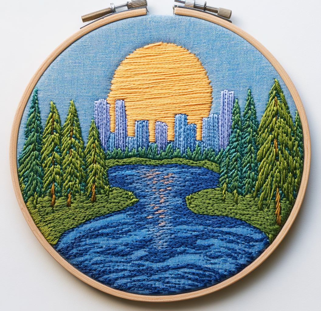 River with trees and city embroidery art design