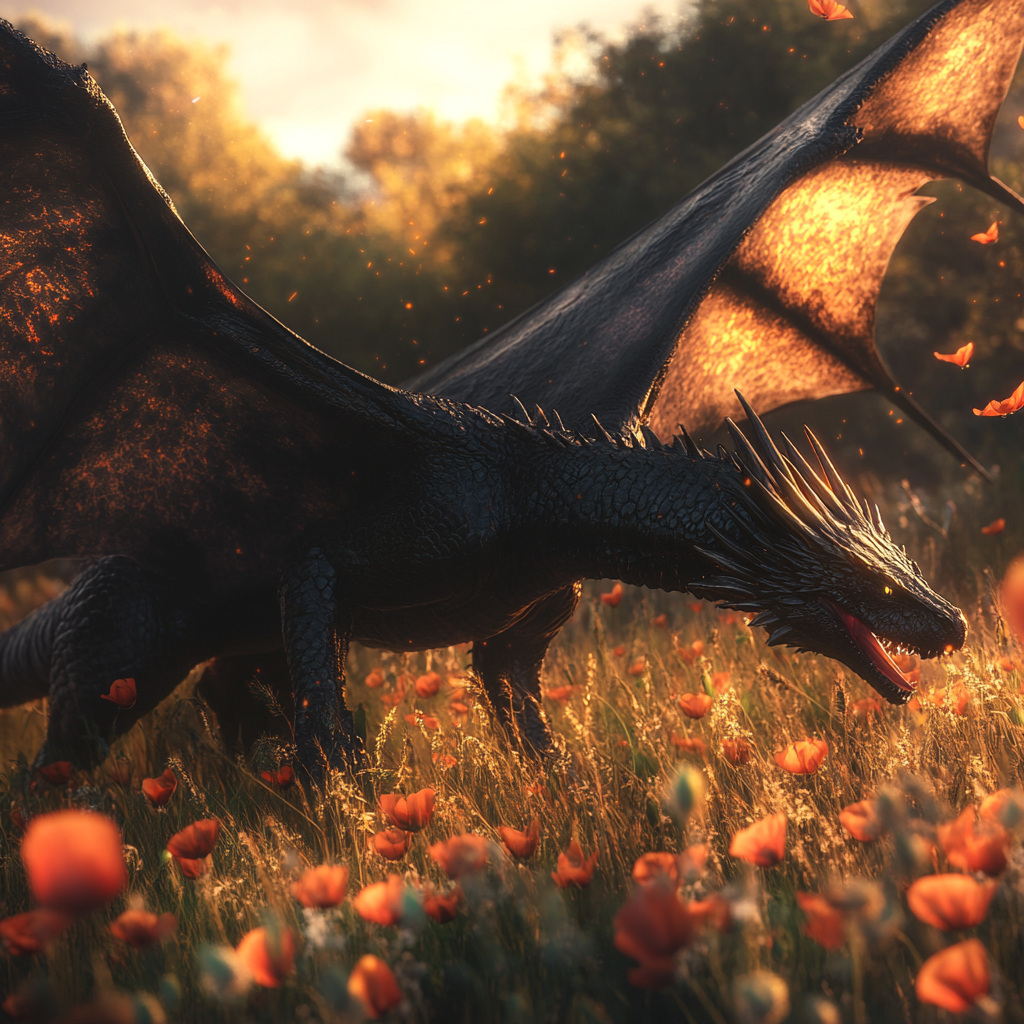 Roaring black wyvern with iridescent wings in sunlight field.