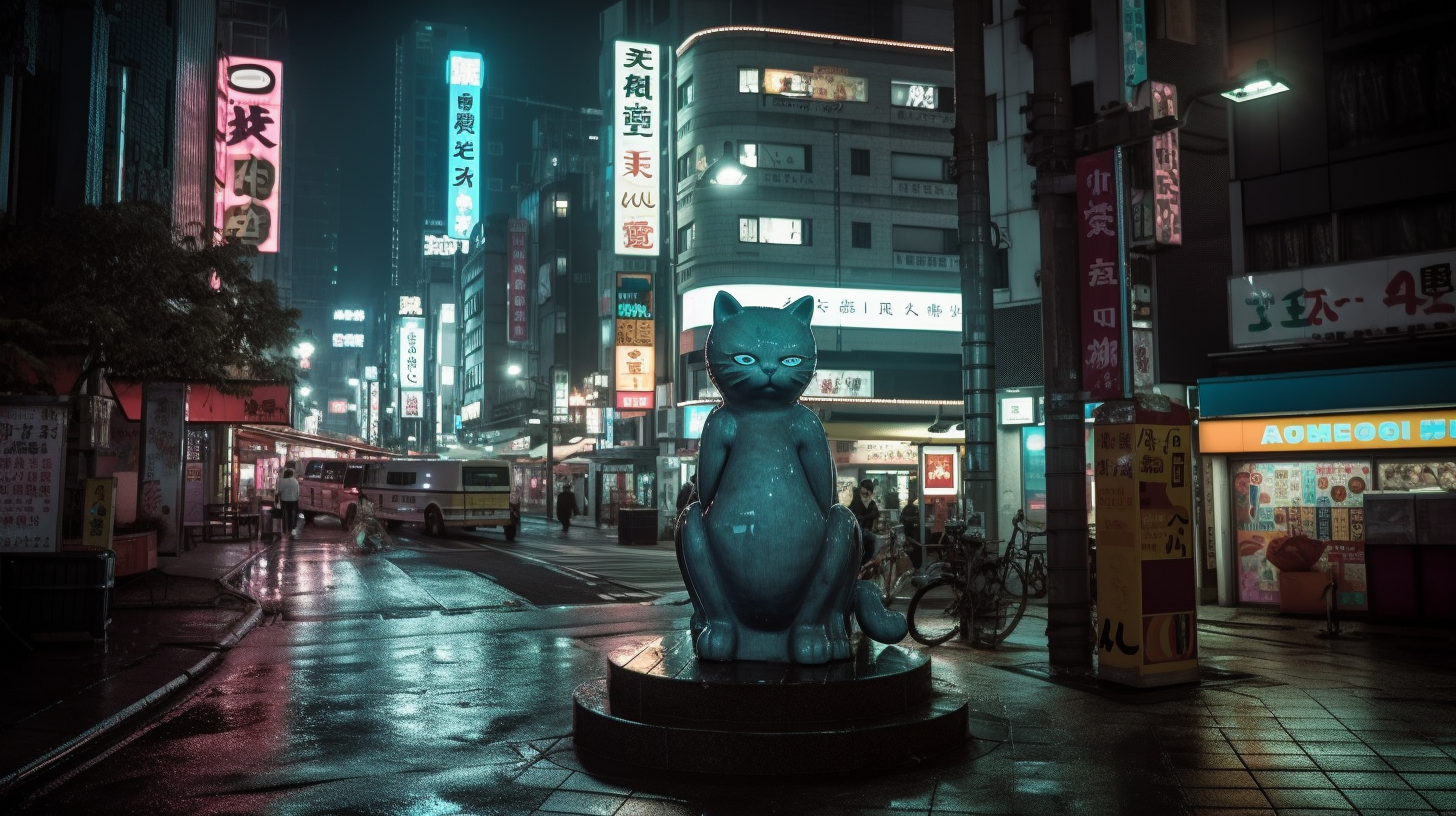 Robby robot with cat-features walks through futuristic Shibuya.