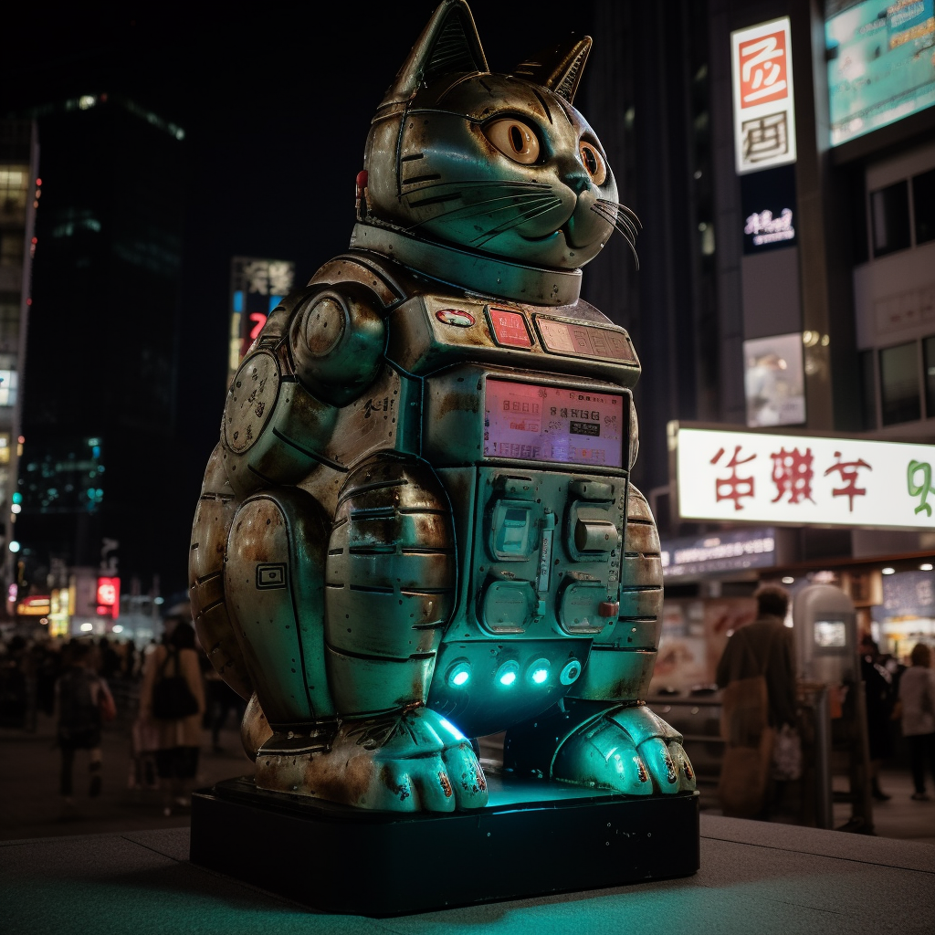 Robby the Robot with cat features in futuristic Shibuya.