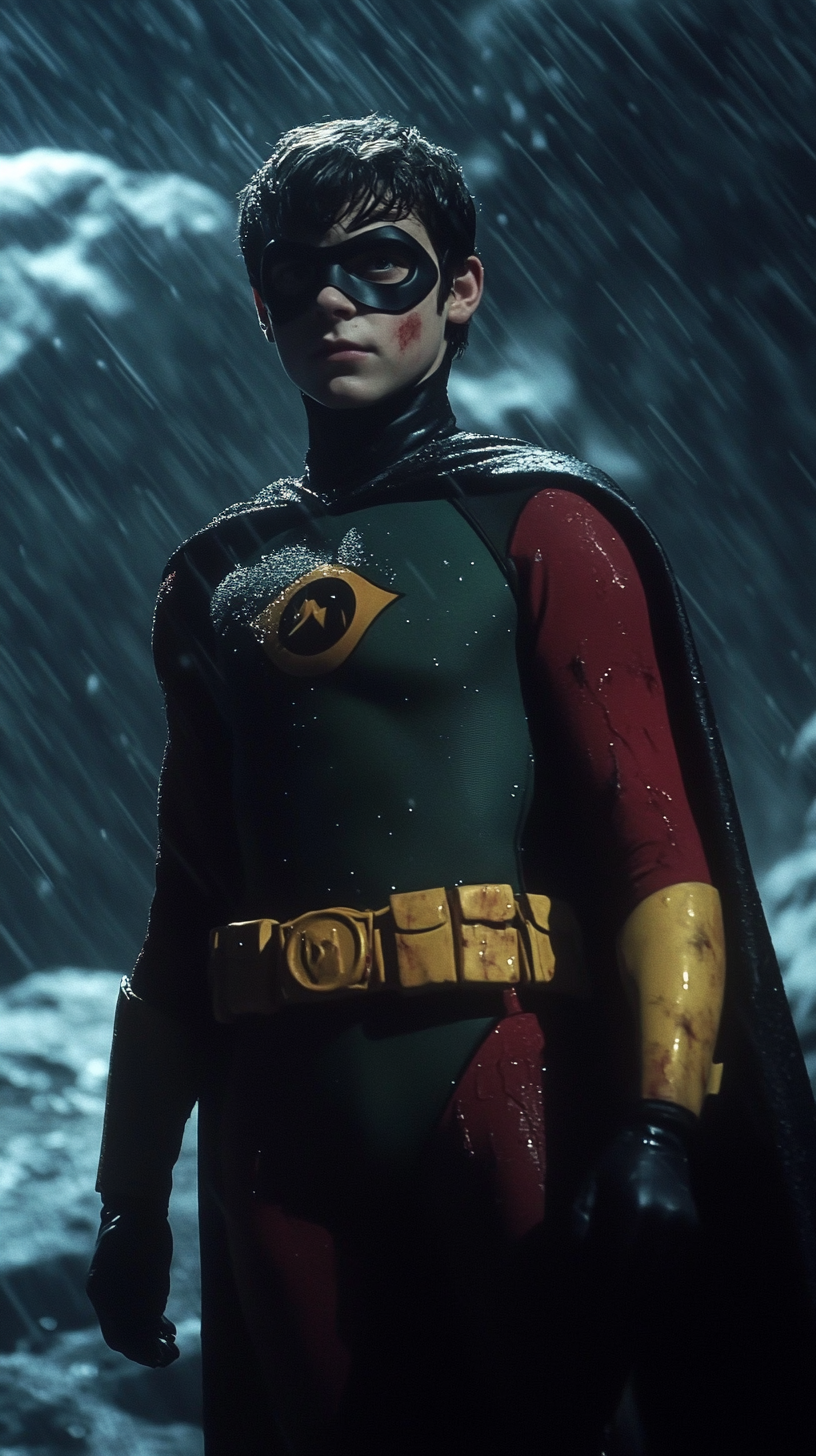 Robin stands in dark fantasy landscape in rain.