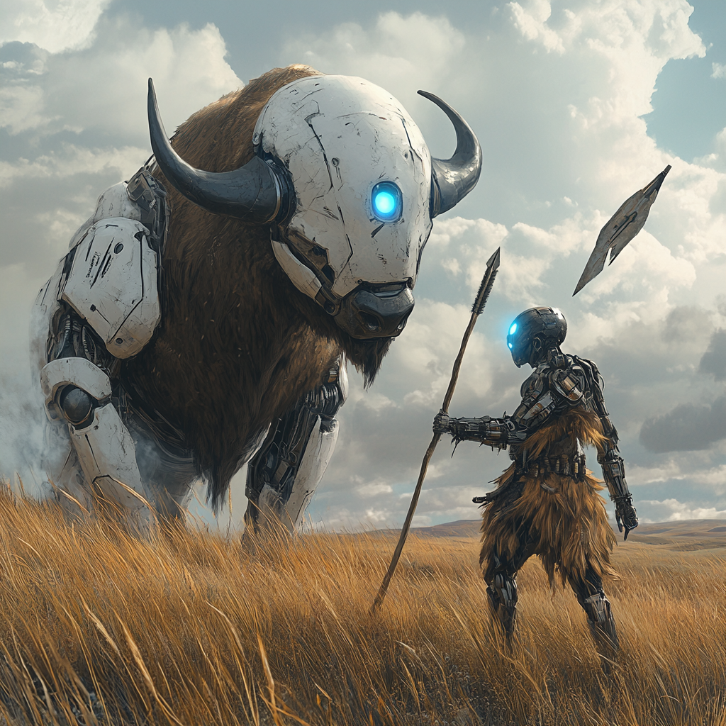 Robot Rabbit Hunting Buffalo in Futuristic Plains