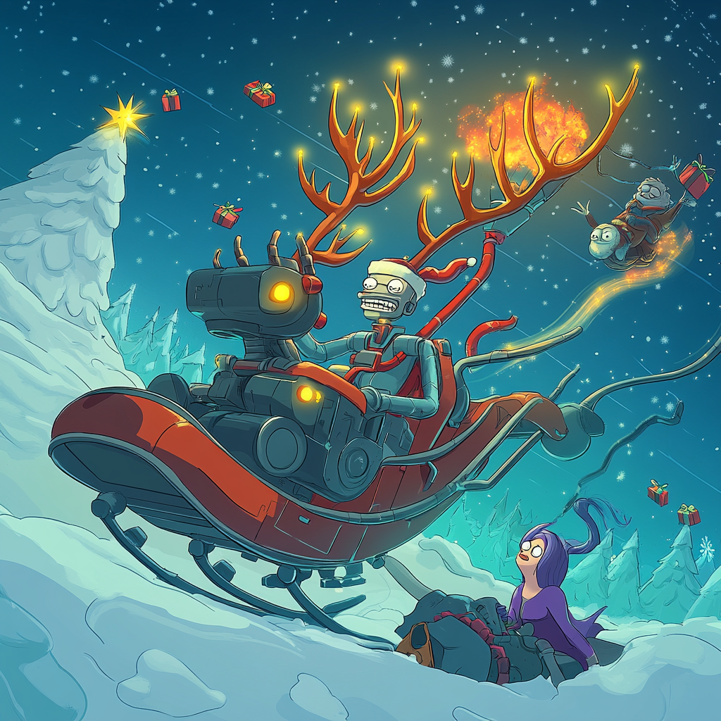 Robot Reindeer Pulls Futuristic Santa Sleigh