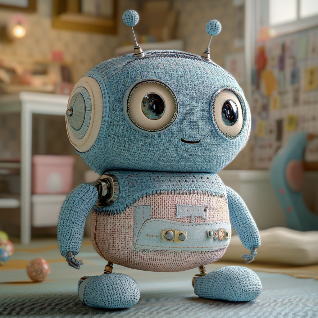 Robot character plush toy in pastel playroom setting.