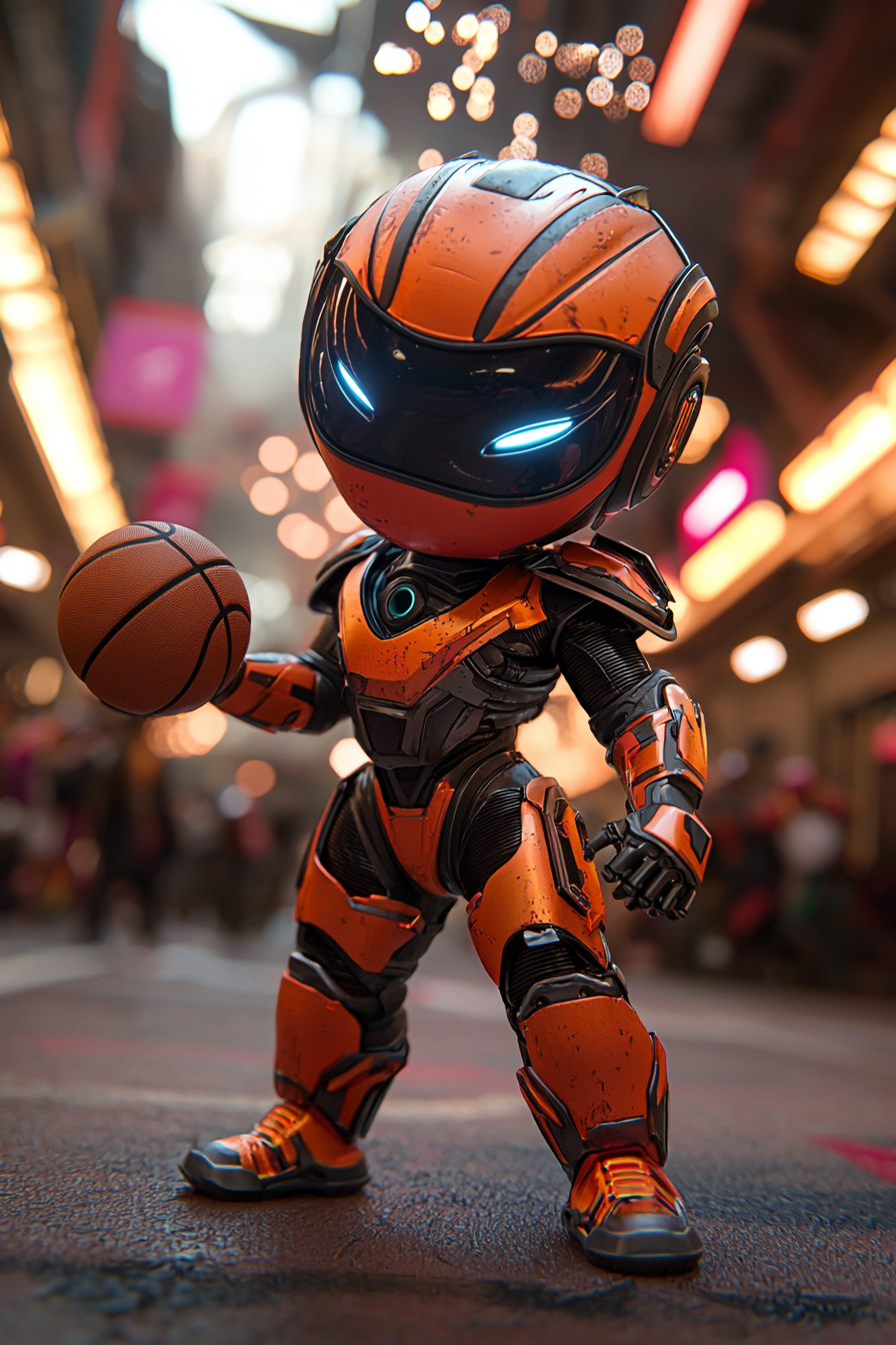 Robot confidently spinning a basketball in lively, artistic scene.