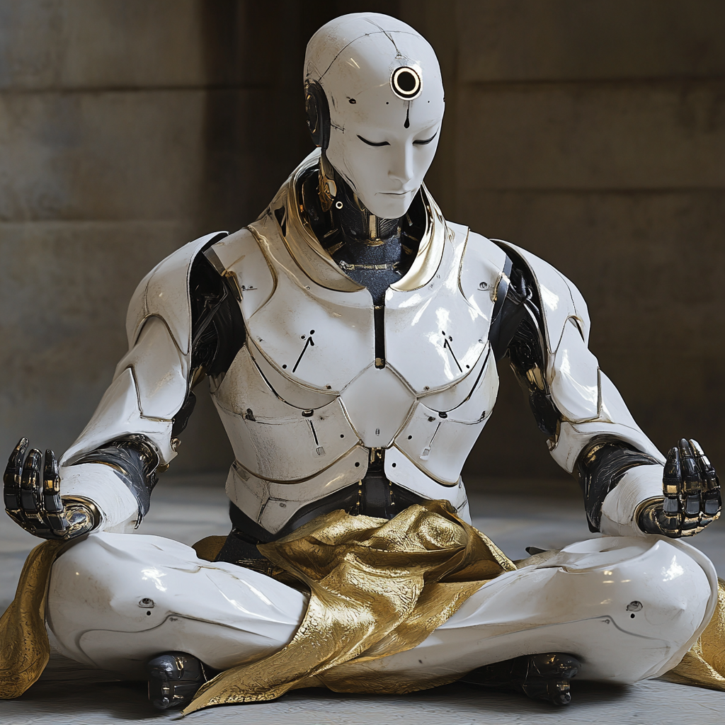 Robot guru in white armor with gold robes meditating