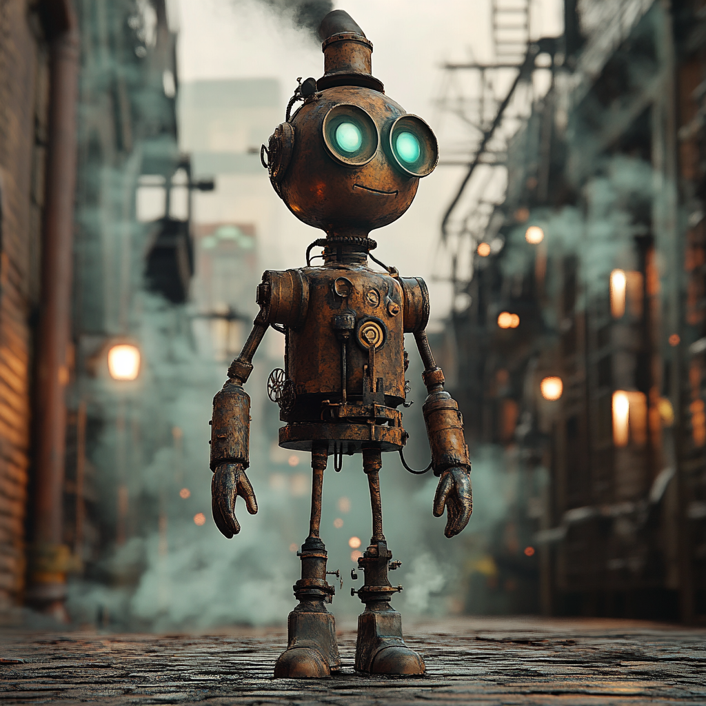 Robot in 19th century London, detailed cogwork, smoky background.