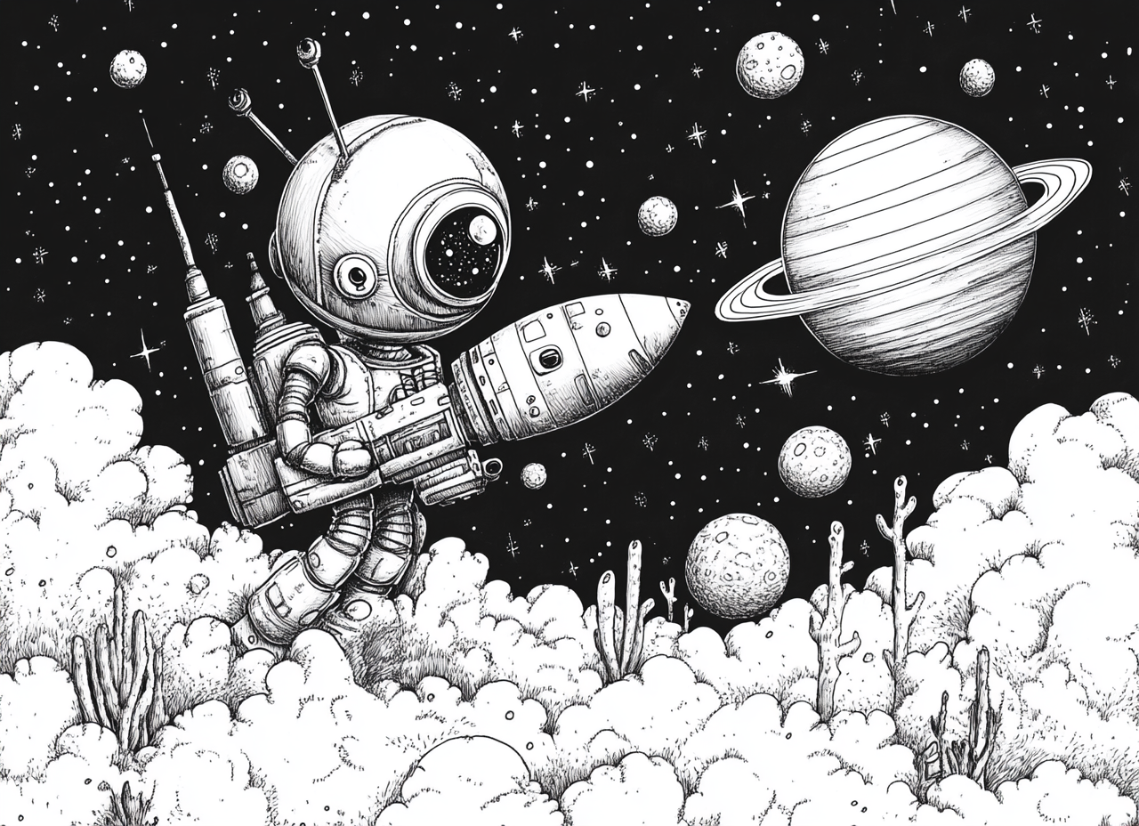 Robot piloting rocket in starry sky coloring page.