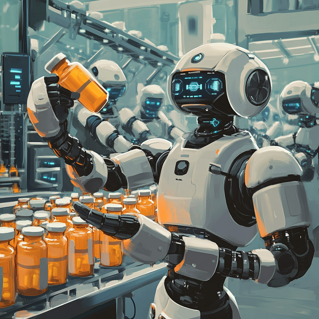 Robot placing capsule in pill bottle on assembly line.