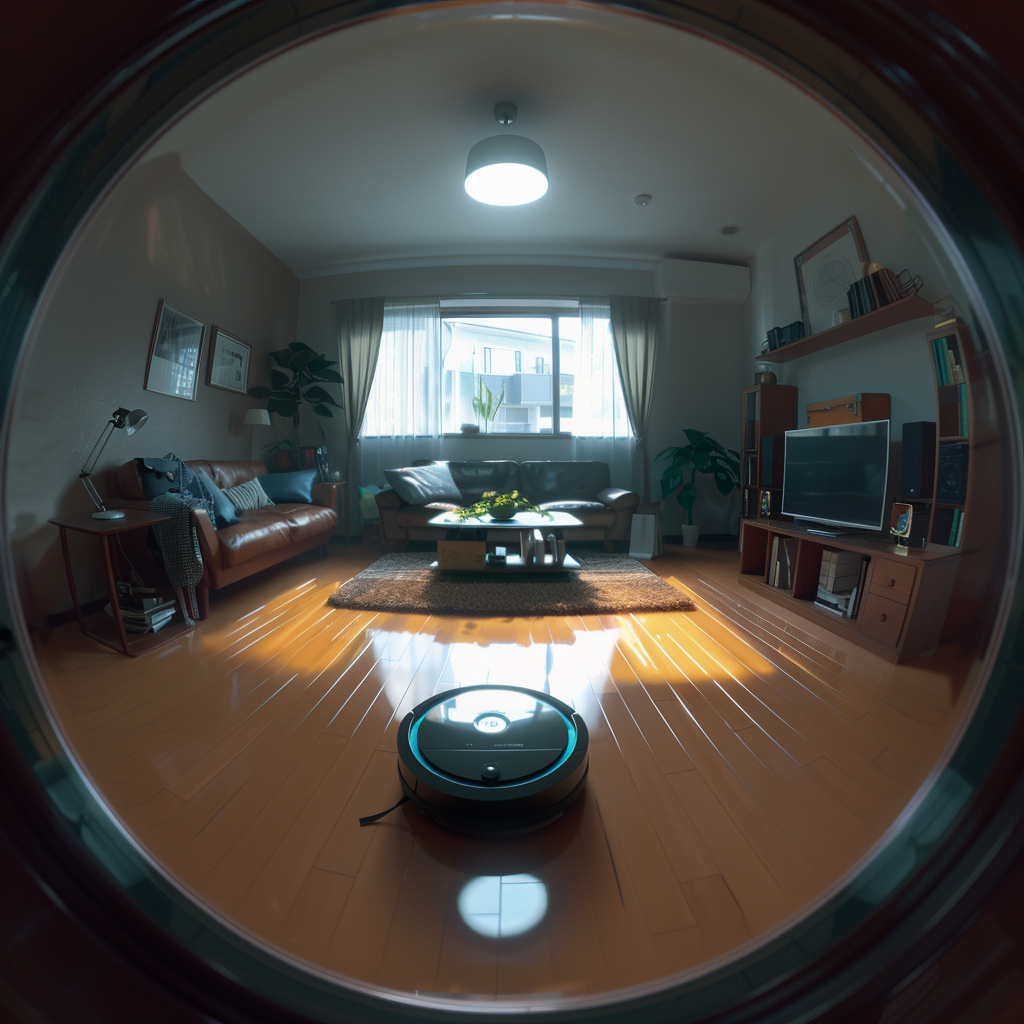 Robot vacuum's sad living room view on rainy day