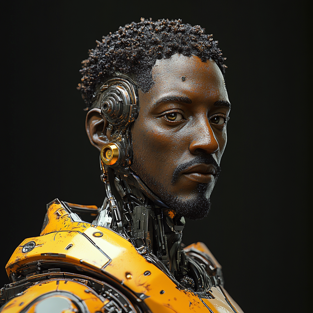 Robot with goatee, gold earrings, short afro on black.