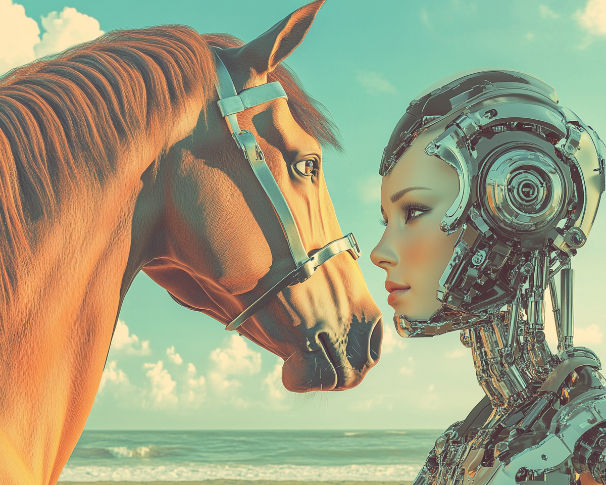 Robotic Woman Contemplates Horse by Sea - Artistic Digital Photo