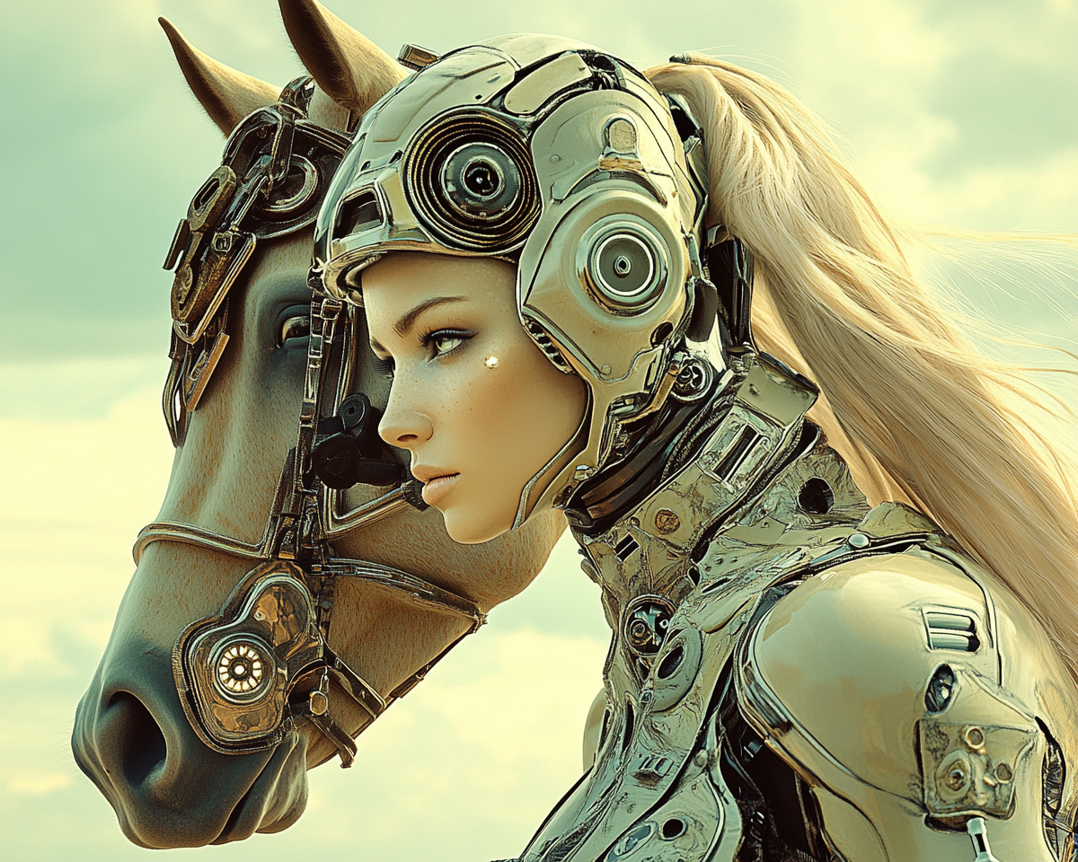 Robotic Woman Daydreaming on Horse by Sea