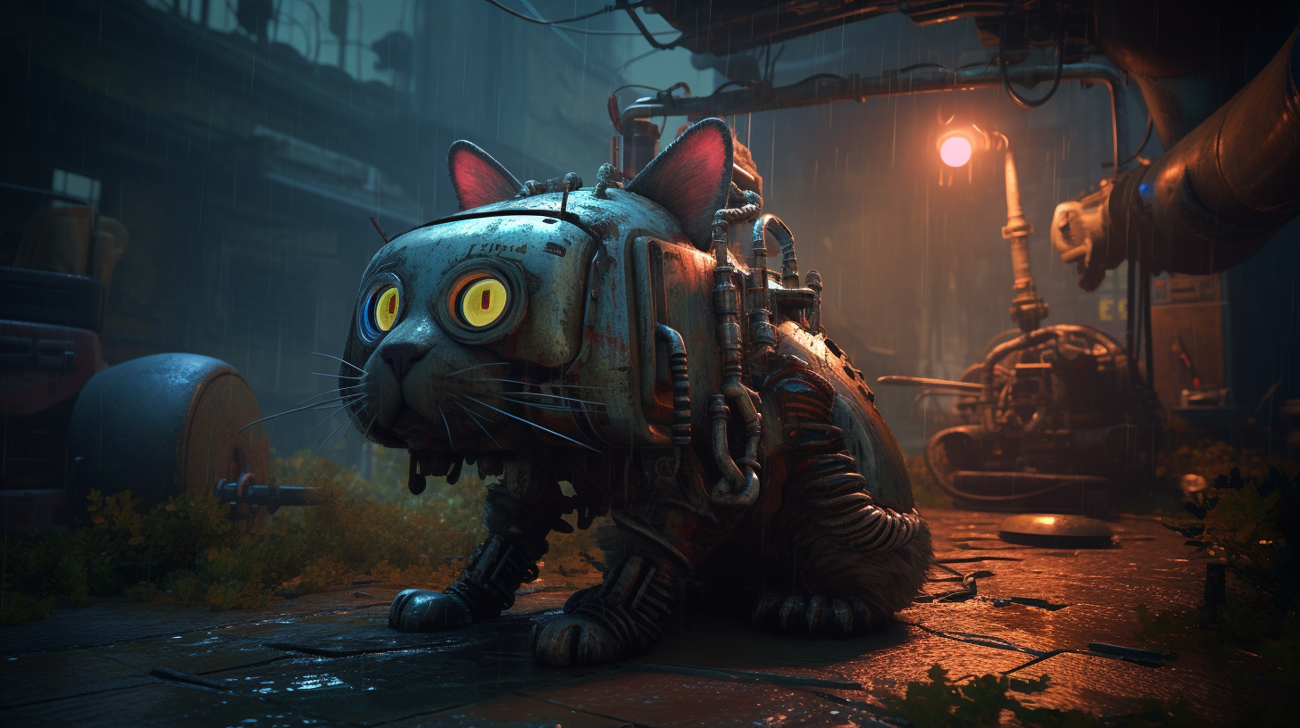 Robotic cat version of Robby the Robot exploring city.