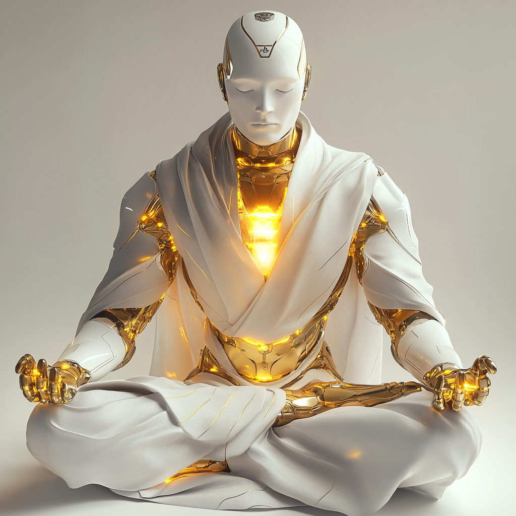 Robotic guru in white armor meditating, surrounded by magic.