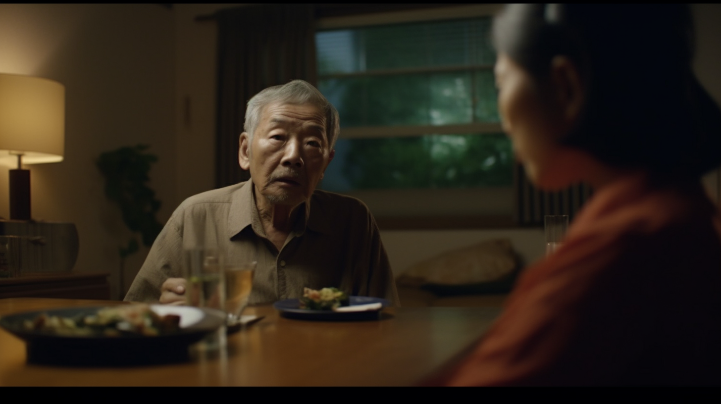 Robotic head displays elderly man at Japanese family dinner.