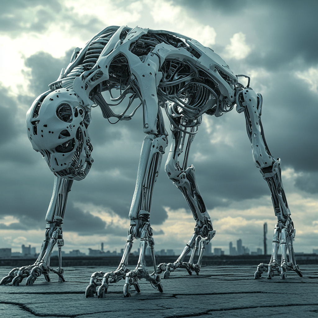 Robotic mech dog skeleton with silicone bones.