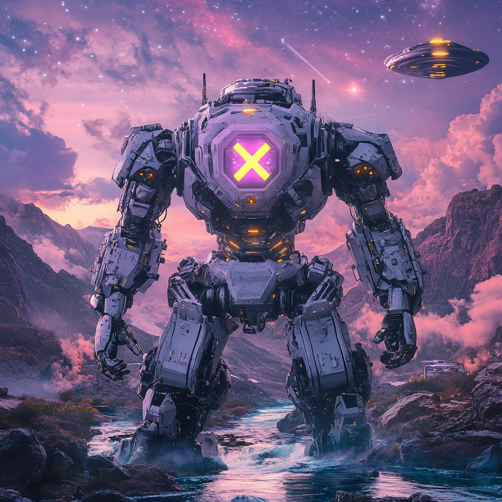 Robotic mech-warrior with alien-like appearance, X symbol, galactic theme.