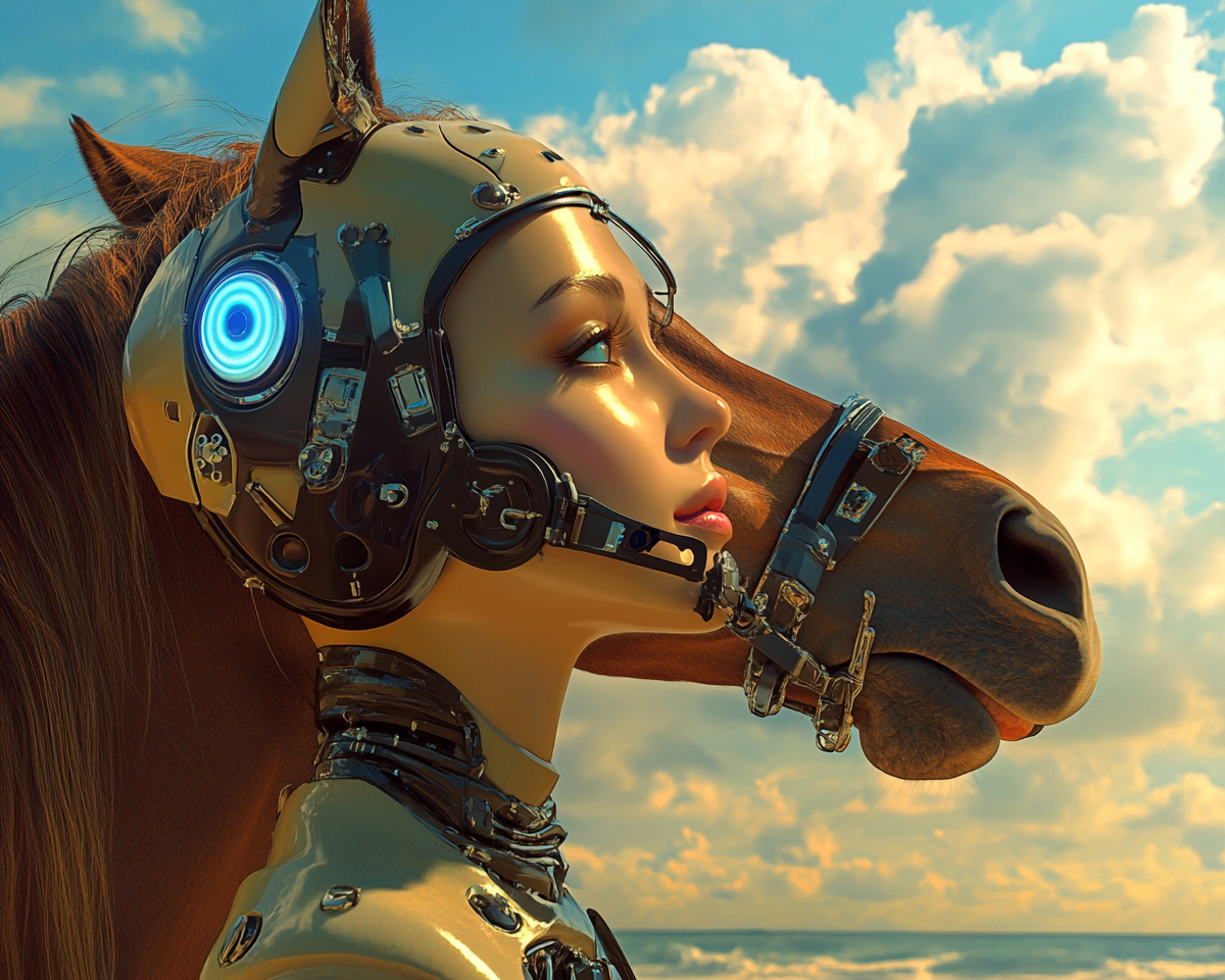 Robotic woman daydreaming, riding horse by sea