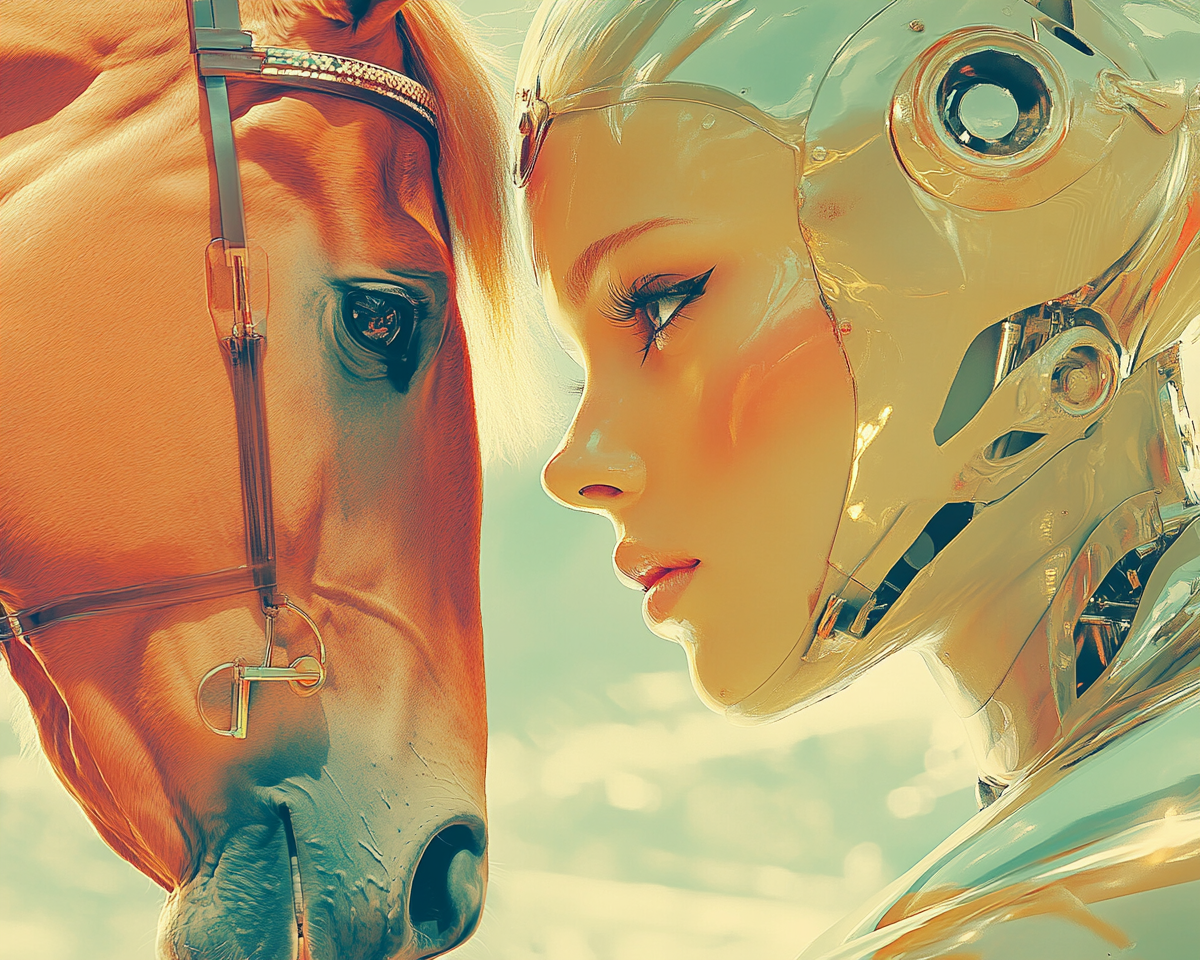 Robotic woman daydreaming with horse - artistic digital photo.