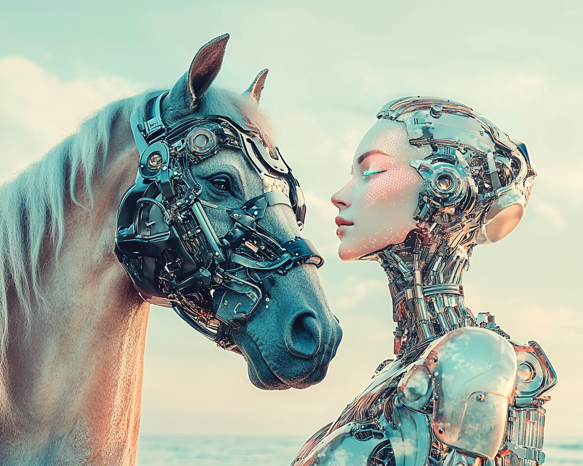 Robotic woman daydreams by sea with cyborg horse.