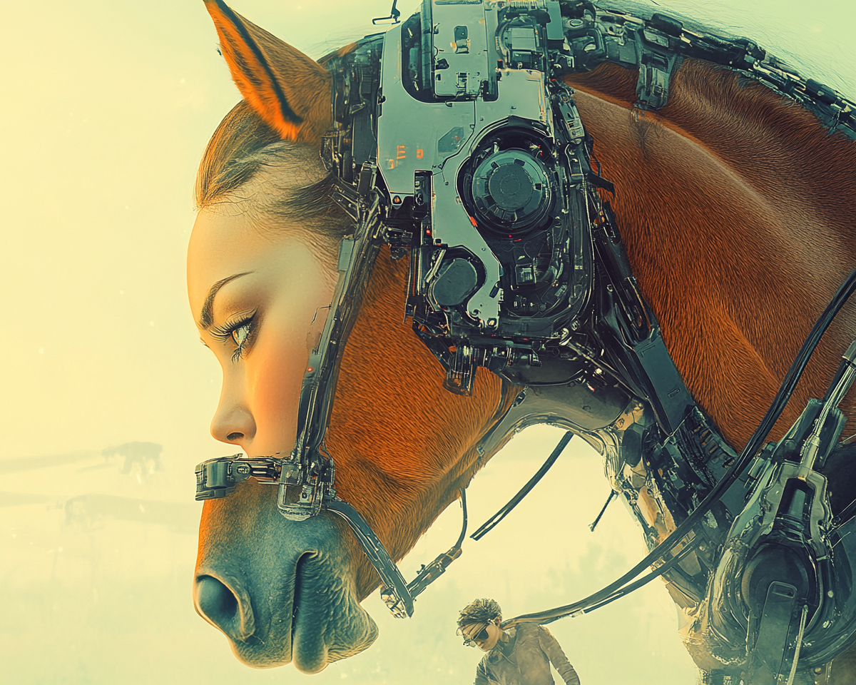 Robotic woman gazes at horizon with horse beside her.