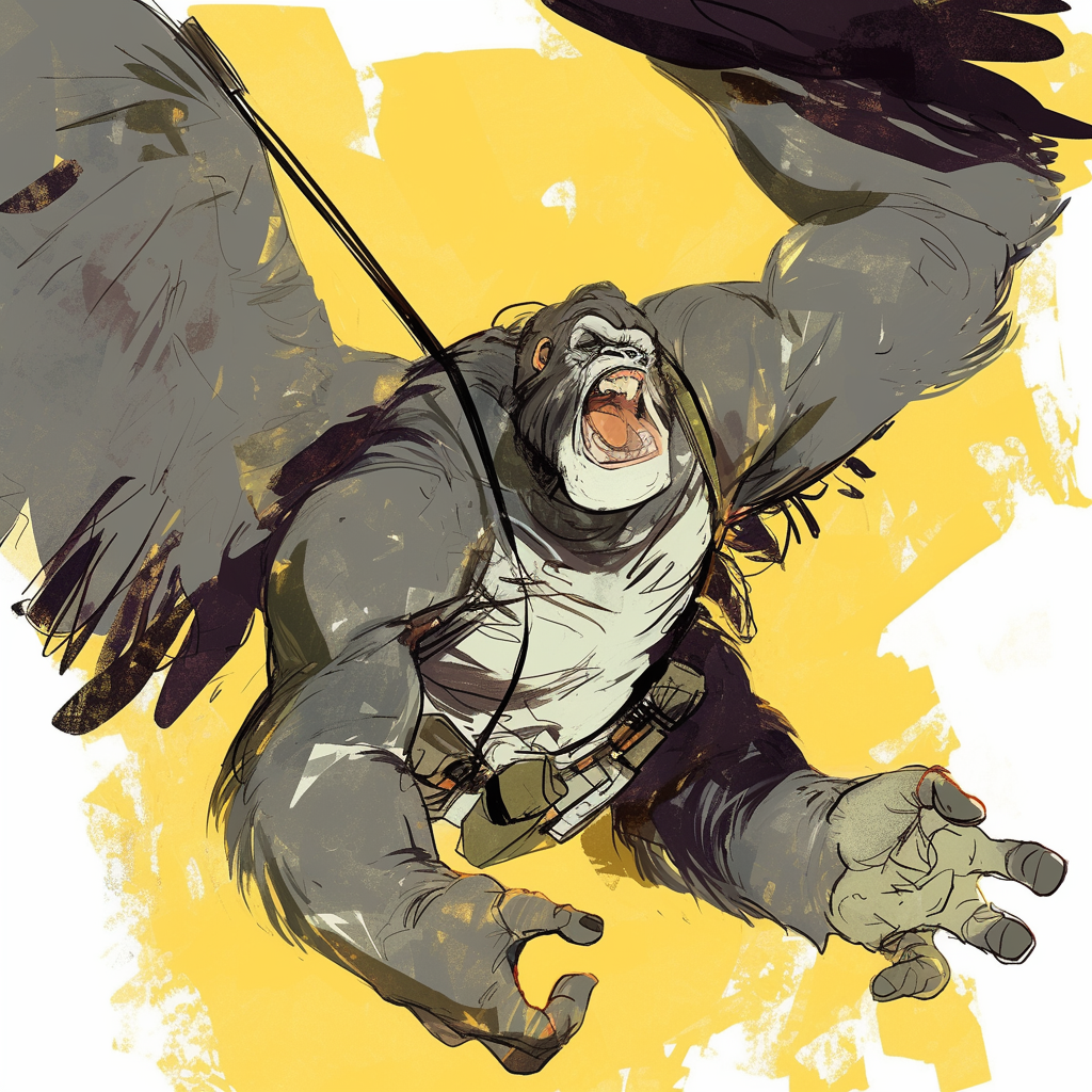 Robotically enhanced gorilla soaring with outstretched wings, comic art.