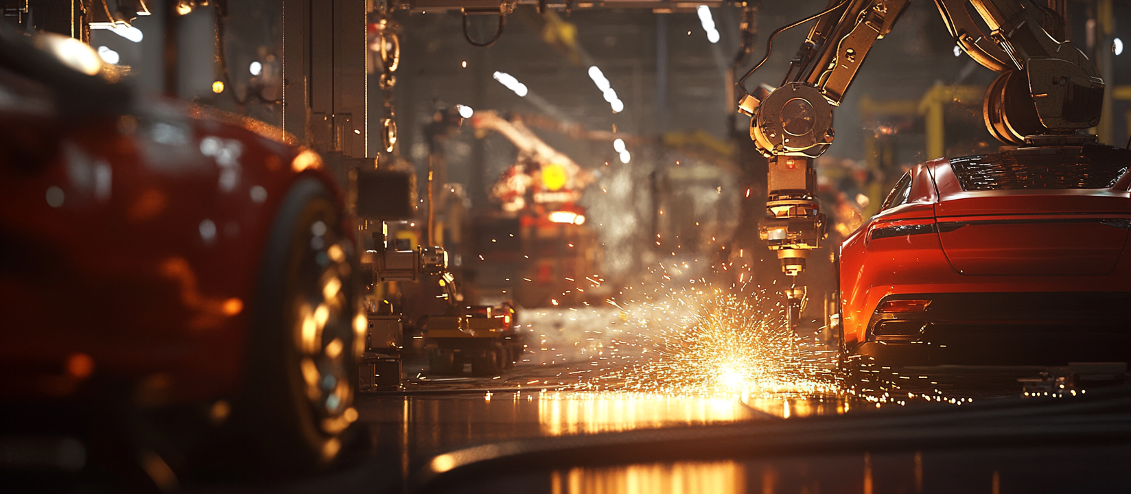 Robots building cars on a high-tech line.