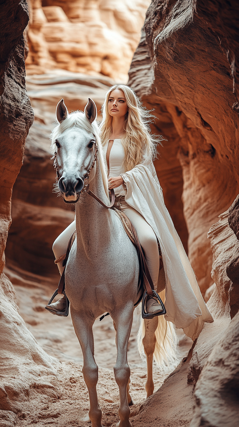 Rock caverns, horse, female rider in ancient clothes, sunlight.