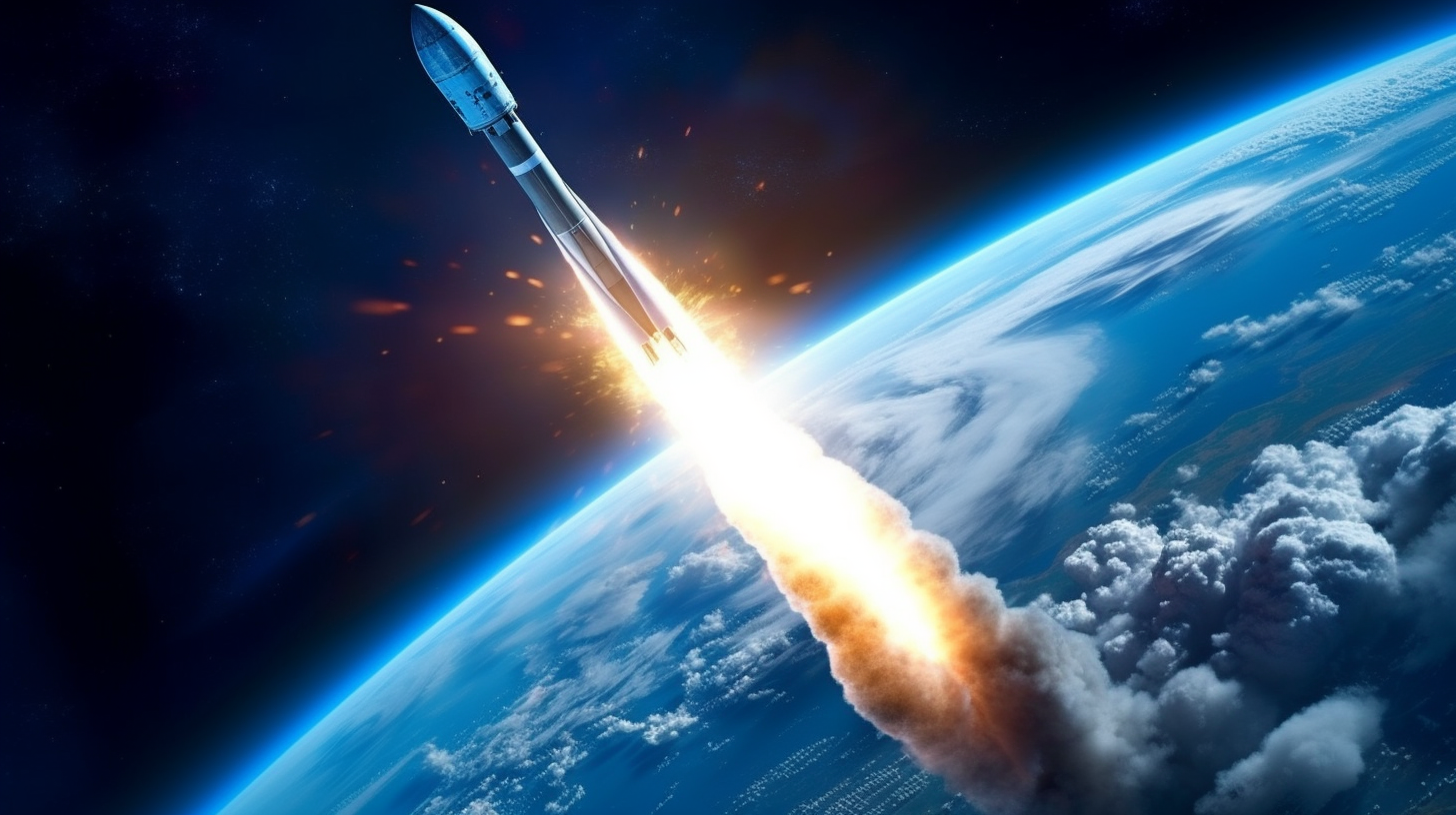 Rocket blasts through earth's atmosphere into space.