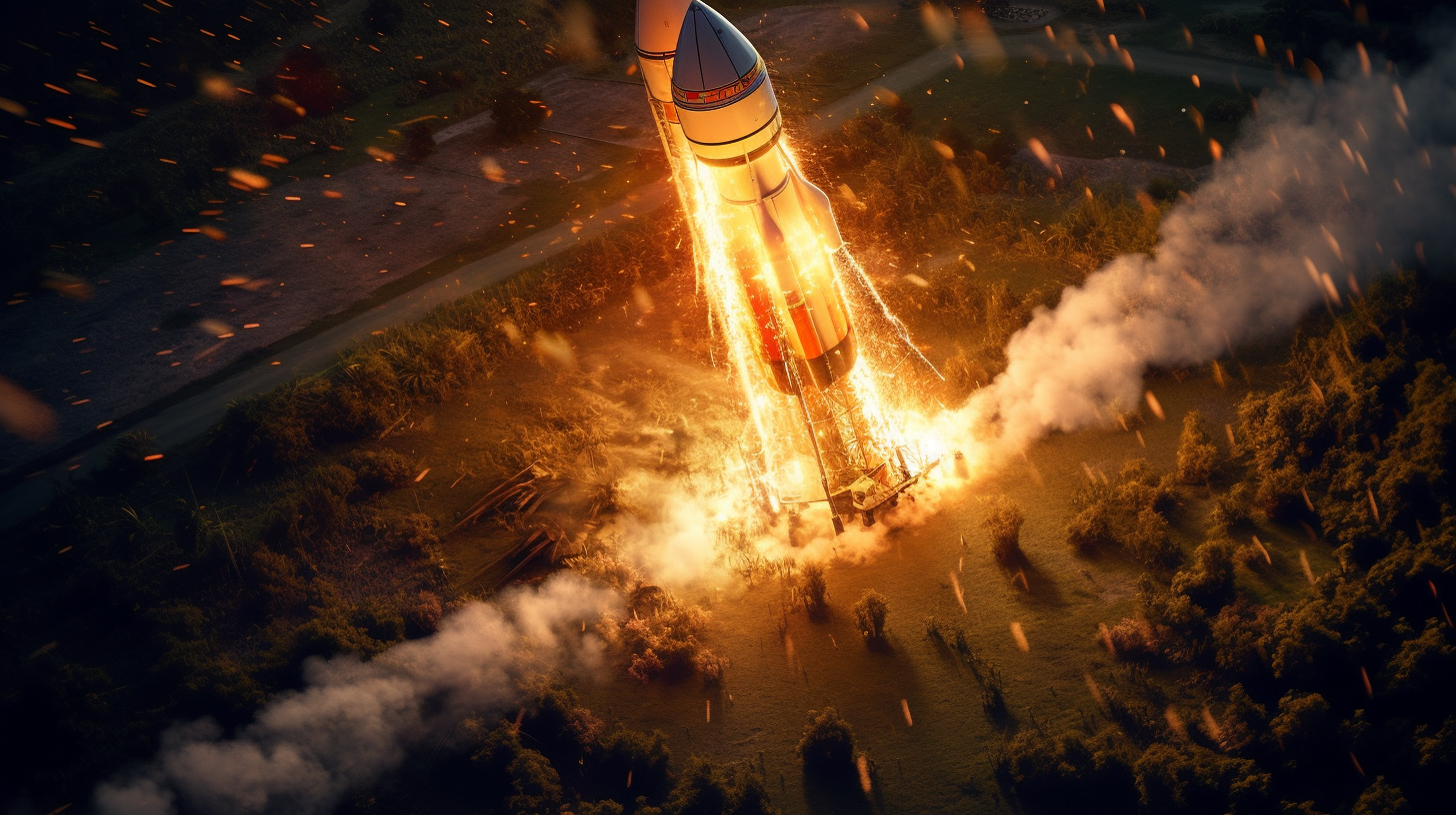 Rocket launch with sparks and fire, detailed features.