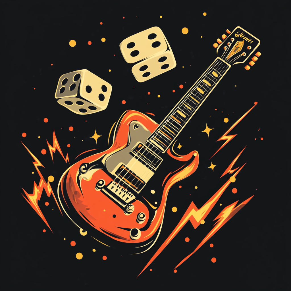 Rockstar logo with rolling dices, electric guitar and lightning.