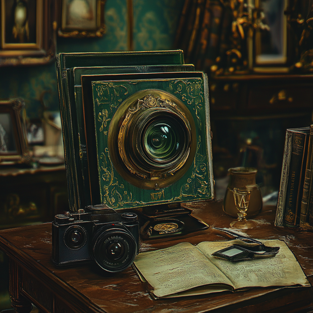 Roleplaying adventure cover for candela obscura game: Victorian mystery, horror with post mortem camera.