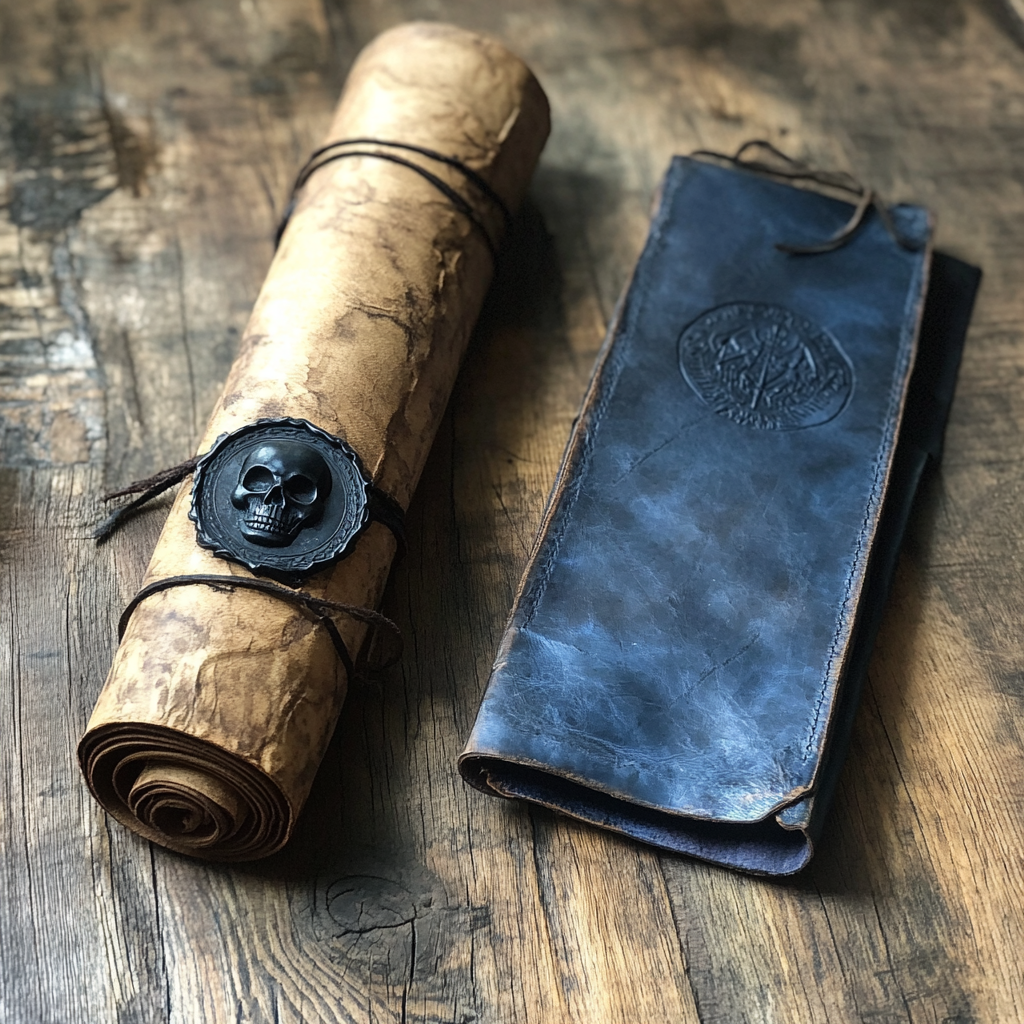 Rolled up scroll with black wax skull stamp.