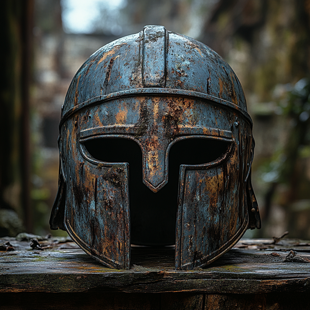 Roman Legionnaire Helmet on Wooden Table in High Quality