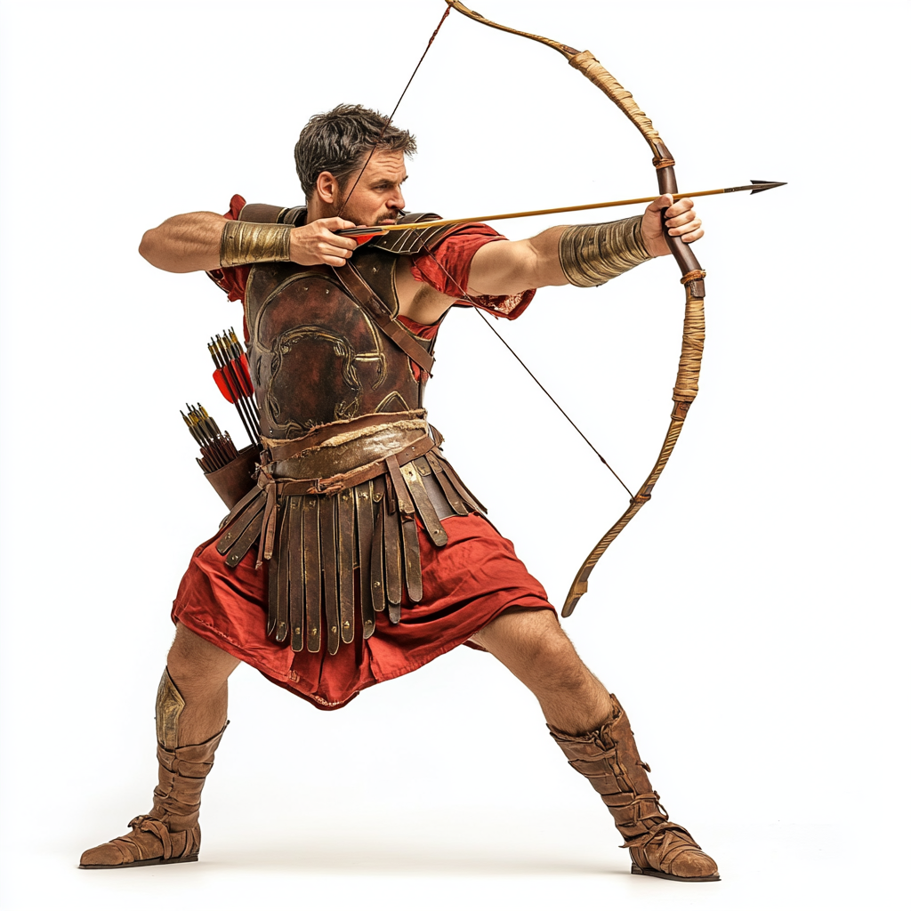 Roman archer in red tunic with bow and quiver.