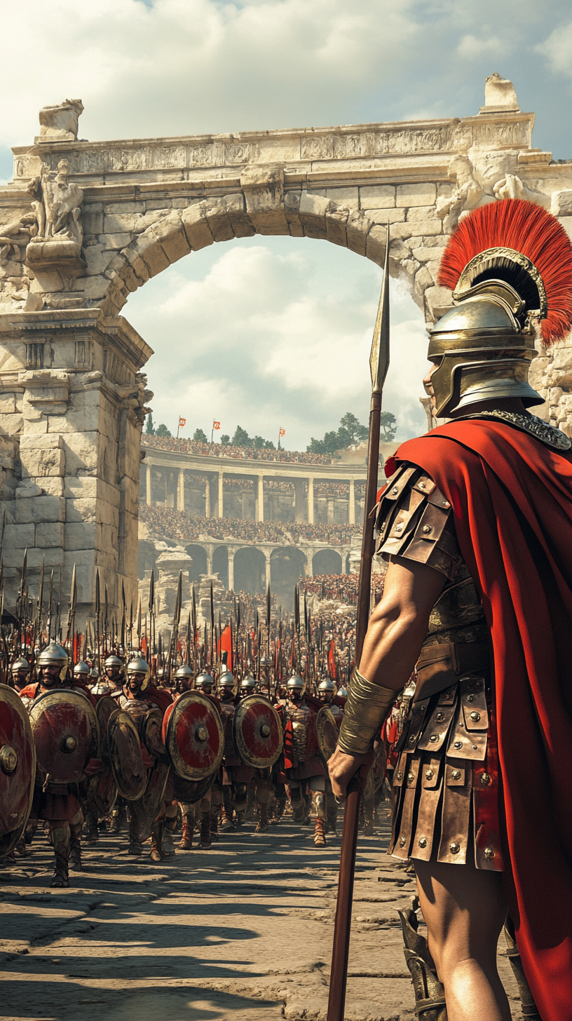 Roman leader with soldiers and architecture in background.